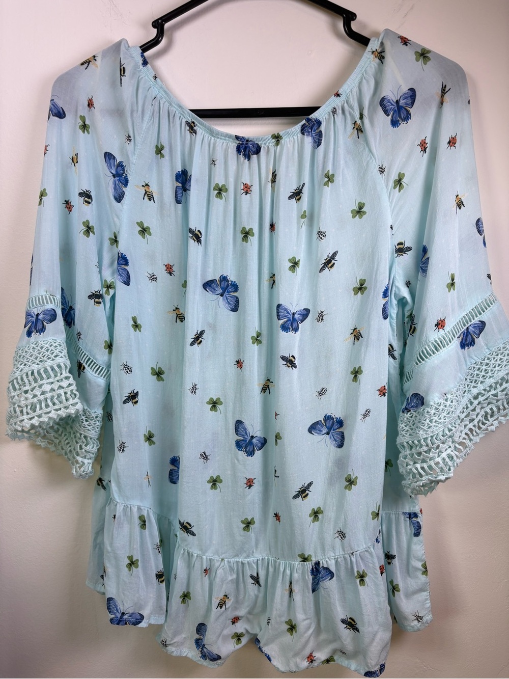 Democracy Pale Blue Butterfly & Floral Button-Front Blouse - Picture 3 of 6